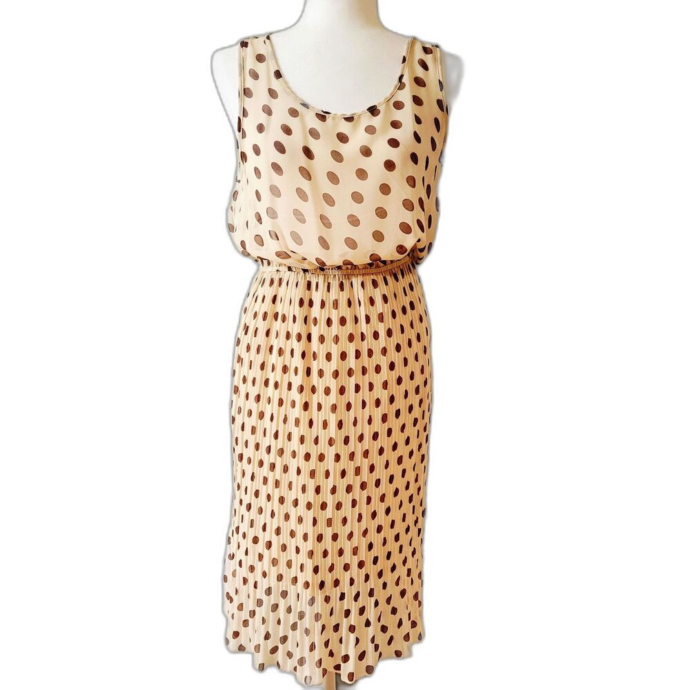 Forever 21 Polka Dot Pleated Chiffon Midi Dress Beige/Brown Sleeveless Lined L